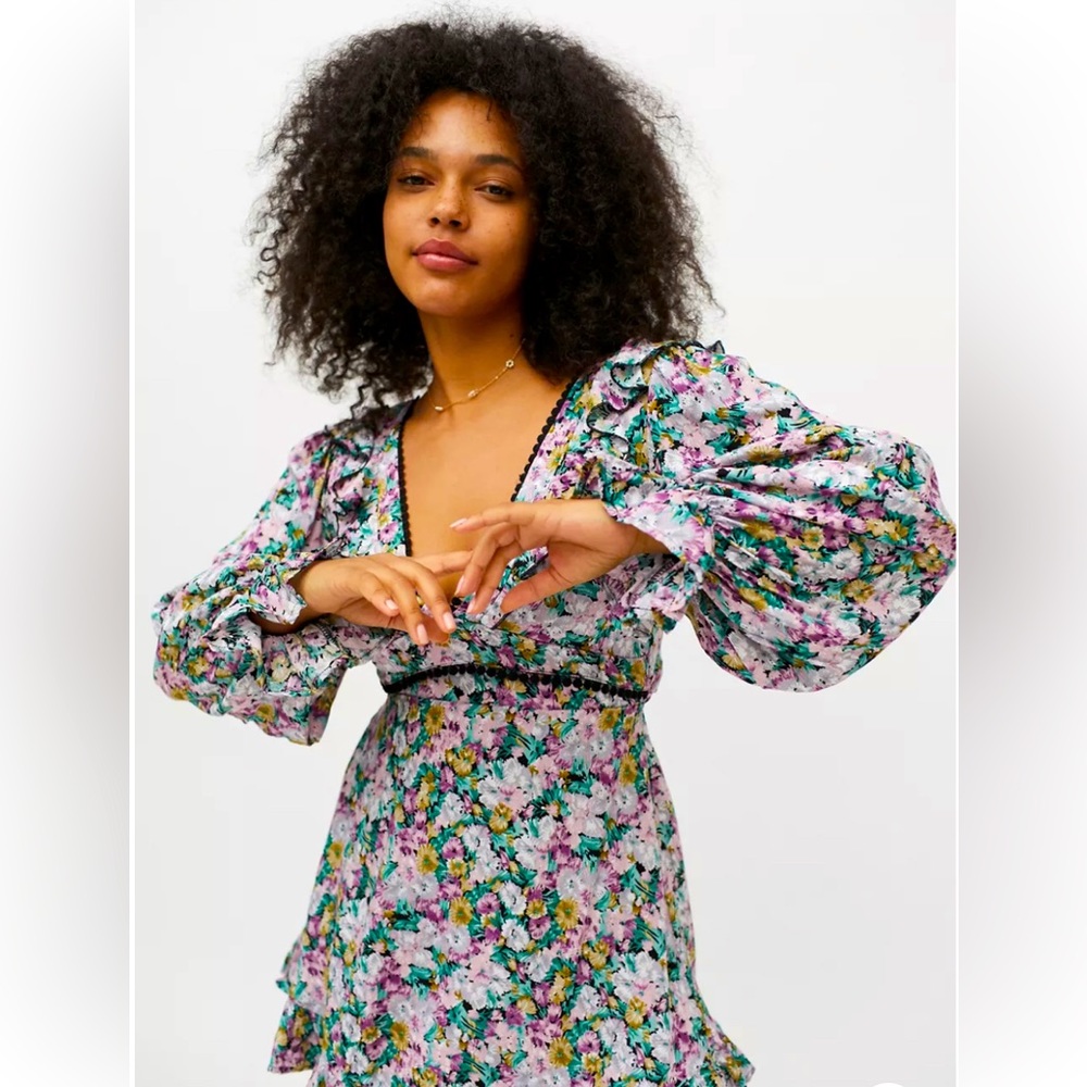 Anthropologie Kiss The Sky Cut Out Floral Watercolor Long Sleeve Mini Dr…